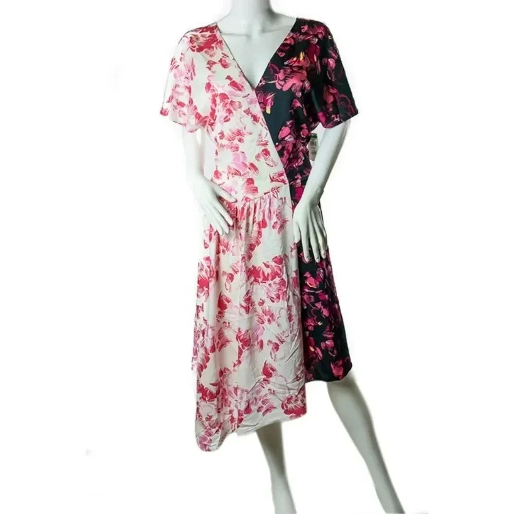 Lewit Pink Asymmetrical Double Print Floral Silk Cocktail Dress 6